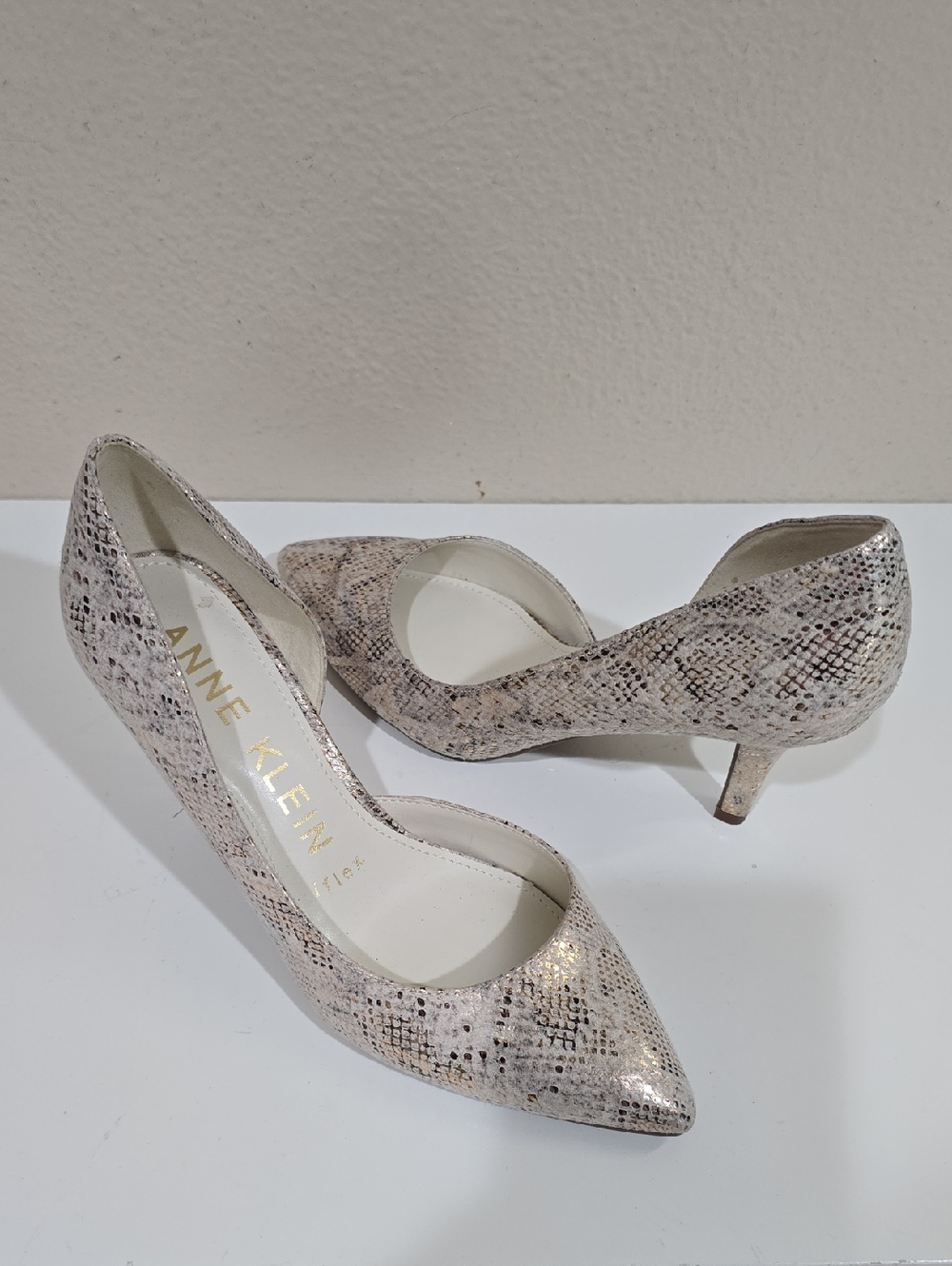 Anne Klein Neutral Snake-Print Pointed Toe Kitten Heels